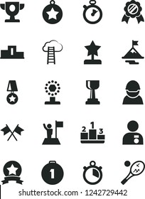 Solid Black Vector Icon Set - pedestal vector, racer, stopwatch, prize, cup, gold, star reward, man with medal, flag, motivation, first place, ribbon, cross flags, cloud ladder, tennis