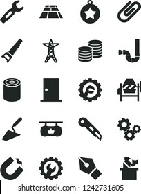 Solid Black Vector Icon Set - trowel vector, concrete mixer, hand saw, siphon, ntrance door, gear, star, stationery knife, paving slab, coins, clip, tin, power line, horseshoe magnet, gears, ink pen