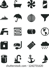 Solid Black Vector Icon Set - rainy cloud vector, bath, heating coil, faucet mixer, kitchen, anchor, umbrella, soda can, water melon, marine propeller, planet Earth, canister of oil, drop, pipe