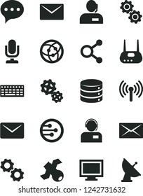 Solid Black Vector Icon Set - desktop microphone vector, monitor window, envelope, speech, big data, operator, gears, connections, dispatcher, keyboard, router, network, wireless, mail, satellite