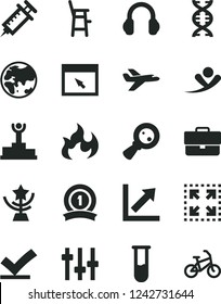 Solid Black Vector Icon Set - briefcase vector, growth chart, a chair for feeding child, size, planet, magnifying glass, headphones, browser, test tube, dna, settings, flame, syringe, winner podium svg