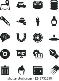 Solid Black Vector Icon Set - camera vector, bin, purse, winter hat, garden trolley, stationery knife, canned goods, bottle, half of kiwi, barrel, financial report, connect, settings, brain, ink pen