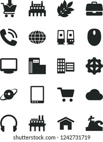 Solid Black Vector Icon Set - city block vector, home, headphones, put in cart, modern gas station, industrial factory, enterprise, gear, shopping, briefcase, globe, phone call, tablet pc, mouse