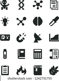 Solid Black Vector Icon Set - book vector, research article, scientific publication, test tube, molecule, dna, bulb, brain, pipette, oscilloscope, magnet, flame, clipboard, calculator, growth graph
