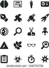 Solid Black Vector Icon Set - electricity vector, glasses, zoom, brain, satellite, biohazard, oscilloscope, scientist, clipboard, artifical insimination, earth core, robot, rocket, biology, patente