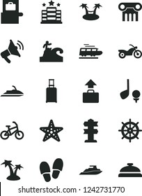 Solid Black Vector Icon Set - train vector, bike, motorcycle, rolling suitcase, baggage scanner, palm tree, starfish, surfing, hotel, signpost, loudspeaker, golf, handwheel, jet ski, hammok, yacht