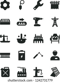 Solid Black Vector Icon Set - repair key vector, workman, cogwheel, concrete mixer, drill, brick, plummet, charging battery, oil derrick, power line, industrial building, factory, canister, welding