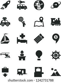 Solid Black Vector Icon Set - motor vehicle present vector, space rocket, planet, saturn, man hold world, sand castle, helicopter, dollar pin, train, camper, sail boat, air balloon, baggage scanner
