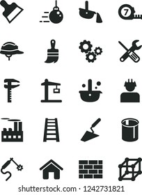 Solid Black Vector Icon Set - house vector, brickwork, big core, trowel, small tools, long meashuring tape, wooden paint brush, stepladder, helmet, putty knife, industrial building, builder, pipes