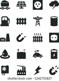 Solid Black Vector Icon Set - power socket type f vector, lightning, new radiator, storm cloud, charging battery, solar panel, gas station, barrel, accumulator, pole, industrial building, magnet