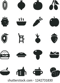 Solid Black Vector Icon Set - mug for feeding vector, measuring cup, a chair child, burger, mushroom, pie, bowl of rice porridge, hot, lettuce in plate, beet, carrot, apple, pomegranate, raspberry