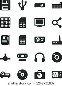 Solid Black Vector Icon Set - camera vector, monitor window, processor, SIM card, connections, keyboard, motherboard, web, usb, router, cd, headphones, connect, floppy, projector, oscilloscope