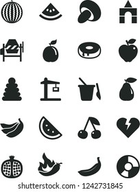 Solid Black Vector Icon Set - stacking rings vector, children's sand set, box of bricks, concrete mixer, broken heart, porcini, cake with a hole, orange slice, cherry, half pomegranate, pear, banana