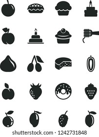 Solid Black Vector Icon Set - birthday cake vector, cheese, noodles, muffin, glazed with a hole, apple pie, strawberry, peach, cornels, fig, blueberry, tasty mulberry, mango, plum, sweet date fruit
