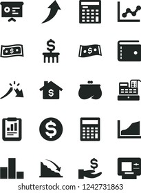 Solid Black Vector Icon Set - purse vector, calculator, bar chart, graph, recession, a crisis, statistical report, dollar, get wage, engineer, cash machine, financial, growth, arrow up, mortgage