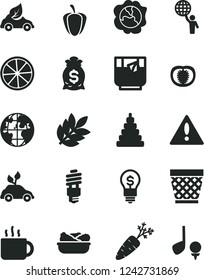 Solid Black Vector Icon Set - warning vector, wicker pot, stacking toy, lettuce in a plate, cup of tea, glass, squash, slice lemon, half tomato, ripe pepper, carrot, energy saving bulb, eco car