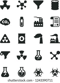 Solid Black Vector Icon Set - round flask vector, manufacture, factory, oil, barrel, industrial building, radiation, carbon dyoxide, filter, water, research article, test tube, molecule, nuclear