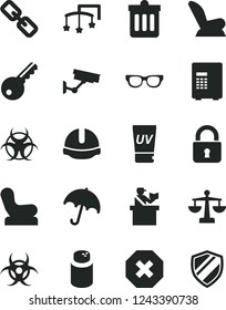 Solid Black Vector Icon Set - mark of injury vector, spectacles, scales, toys over the cot, powder, Baby chair, car child seat, construction helmet, dust bin, lock, umbrella, glasses, biohazard, key