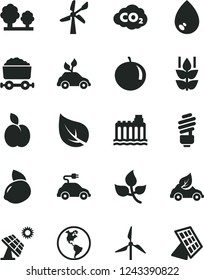 Solid Black Vector Icon Set - saving light bulb vector, drop, apple, mint, tangerine, yellow lemon, big solar panel, leaves, leaf, windmill, wind energy, planet Earth, hydroelectricity, trees, sun