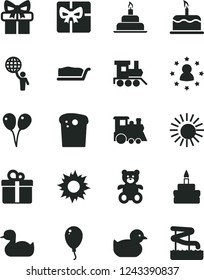 Solid Black Vector Icon Set - rubber duck vector, baby duckling, teddy bear, toy train, children's, colored air balloons, balloon, birthday cake, gift, Easter, slice, giftbox, man hold world, sun