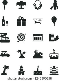 Solid Black Vector Icon Set - balloon vector, cake, gift, torte, Chupa Chups, wall calendar, sand castle, wine, car baggage, passenger, hotel, beach, palm tree, hawaii wreath, disco ball, aquapark