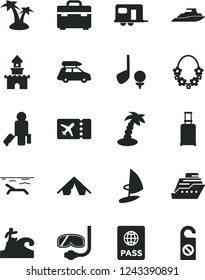 Solid Black Vector Icon Set - suitcase vector, passport, sand castle, car baggage, camper, passenger, rolling, plane ticket, tent, beach, palm tree, hawaii wreath, diving mask, surfing, golf, yacht