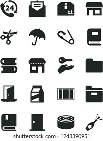 Solid Black Vector Icon Set - folder vector, open pin, e, books, window frame, ntrance door, received letter, umbrella, cardboard box, 24, package, canned goods, kiosk, stall, book, arm with key