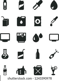 Solid Black Vector Icon Set - measuring cup for feeding vector, e, packing of juice with a straw, drop, glass tea, soda can, bottle, flask, oil, canister, monitor, test tube, pipette, champagne