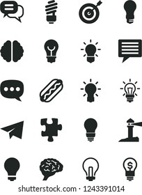 Solid Black Vector Icon Set - image of thought vector, matte light bulb, incandescent lamp, paper airplane, Puzzle, saving, Hot Dog, coastal lighthouse, speech, brain, target, dialog, idea