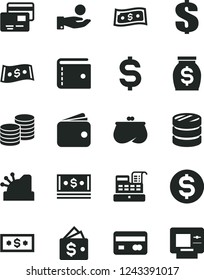 Solid Black Vector Icon Set - purse vector, dollar, cards, coins, reverse side of a bank card, column, denomination the, catch coin, wallet, money, cash, machine, cashbox, atm