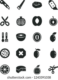 Solid Black Vector Icon Set - scissors vector, mark of injury, iron fork spoons, arm saw, knife, stationery, cheese, pizza, piece meat, half pomegranate, peach, melon, cherry, passion fruit, lemon