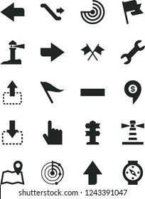 Solid Black Vector Icon Set - upward direction vector, right, left, wind indicator, minus, index finger, flag, move up, down, lighthouse, coastal, repair, radar, cross flags, dollar pin, escalator