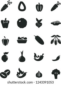 Solid Black Vector Icon Set - stick of sausage vector, slices onion, lettuce in a plate, cabbage, cucumber, chili, peper, carrot, coffee beans, quince, goji berry, Bell pepper, ripe, red, hot, beet