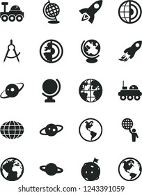 Solid Black Vector Icon Set - sign of the planet vector, globe, Earth, scribed compasses, space rocket, core, saturn, lunar rover, man hold world, flag on moon