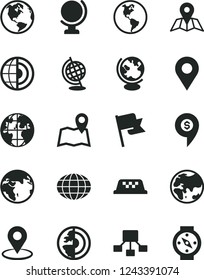 Solid Black Vector Icon Set - map vector, globe, flag, planet, Earth, location, geolocation, hierarchical scheme, core, dollar pin, taxi, compass