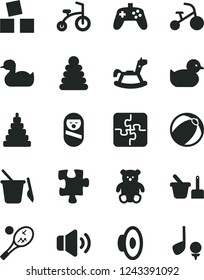 Solid Black Vector Icon Set - loudspeaker vector, rubber duck, baby duckling, bath ball, stacking rings, toy, roly poly doll, sand set, children's, small teddy bear, rocking horse, child bicycle