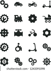 Solid Black Vector Icon Set - truck lorry vector, baby carriage, children's train, tricycle, Kick scooter, child, gears, cogwheel, gear, star, valve, retro car, three, dollar, motorcycle, disabled
