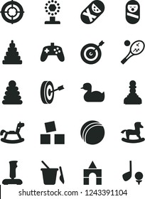 Solid Black Vector Icon Set - rubber duck vector, bath ball, stacking rings, toy, roly poly doll, tumbler, children's sand set, rocking horse, small, cubes for children, box of bricks, joystick, cup