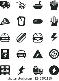 Solid Black Vector Icon Set - lightning vector, dangers, car, delivery, sausage, pizza, piece of, Hot Dog, big burger, a bowl buckwheat porridge, French fries, fried potato slices, sandwich, Express