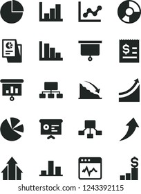 Solid Black Vector Icon Set - pie chart vector, graph, negative histogram, positive, cardiogram, recession, scheme, hierarchical, article on the dollar, ring diagram, charts, statistical research