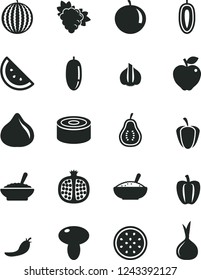 Solid Black Vector Icon Set - canned goods vector, mushroom, a bowl of buckwheat porridge, rice, orange slice, half pomegranate, branch grape, red apple, fig, water melon, date fruit, tangerine