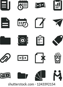 Solid Black Vector Icon Set - clip vector, scribbled paper, folder, sample of colour, address book, notes, delete page, survey, label, cup popcorn, statistical report, dollar, newspaper, plane