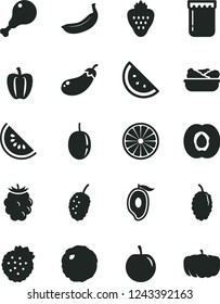 Solid Black Vector Icon Set - lettuce in a plate vector, chicken leg, cabbage, jam, strawberry, strawberries, orange slice, half apricot, blackberry, mulberry, tasty, of water melon, mango, plum