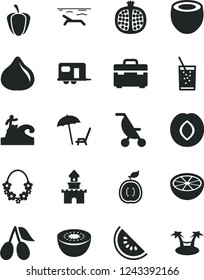Solid Black Vector Icon Set - summer stroller vector, suitcase, a glass of soda, half pomegranate, plum, cornels, fig, slice water melon, kiwi, guawa, coconut, grapefruit, ripe pepper, sand castle