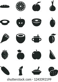 Solid Black Vector Icon Set - mug for feeding vector, loaf, a bowl of buckwheat porridge, plate milk, grill chicken leg, cucumber, garlic, peach, ripe, apple, tasty, raspberry, mulberry, plum, kiwi