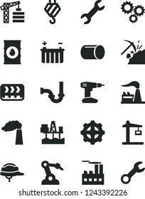 Solid Black Vector Icon Set - tower crane vector, hook, drill, sewerage, helmet, commercial seaport, coal mining, manufacture, factory, oil, battery, industrial building, gear, conveyor, pipe