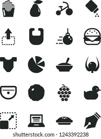 Solid Black Vector Icon Set - laptop vector, baby powder, bib, Child T shirt, duckling, tricycle, big core, sink, expand picture, move up, burger, pie, a bowl of buckwheat porridge, cabbage, pear