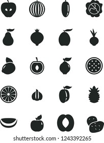 Solid Black Vector Icon Set - beet vector, squash, quince, apricot, tasty apple, medlar, water melon, loquat, half peach, date fruit, ripe plum, cherry, yellow lemon, of passion, orange, pineapple