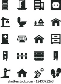Solid Black Vector Icon Set - chest of drawers vector, house, toilet, power socket type f, interroom door, buildings, ceramic tiles, boiler, electronic, home, nightstand, big solar panel, sun, exit