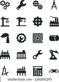 Solid Black Vector Icon Set - repair key vector, crane, gears, gear, manufacture, hydroelectricity, industrial building, factory, enterprise, Construction, processor, pipe, robot welder, three